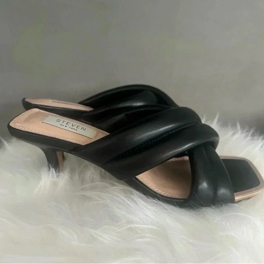 Steven New York Black Padded Knot Mule Heels Size 7 EUC Square Toe - Picture 2 of 7